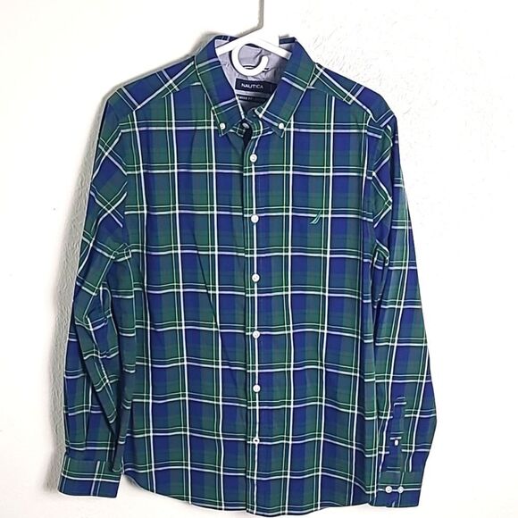 Nautica Longsleeve Buttondown Shirt, Blue & Green Plaid, Size Large - Picture 1 of 7